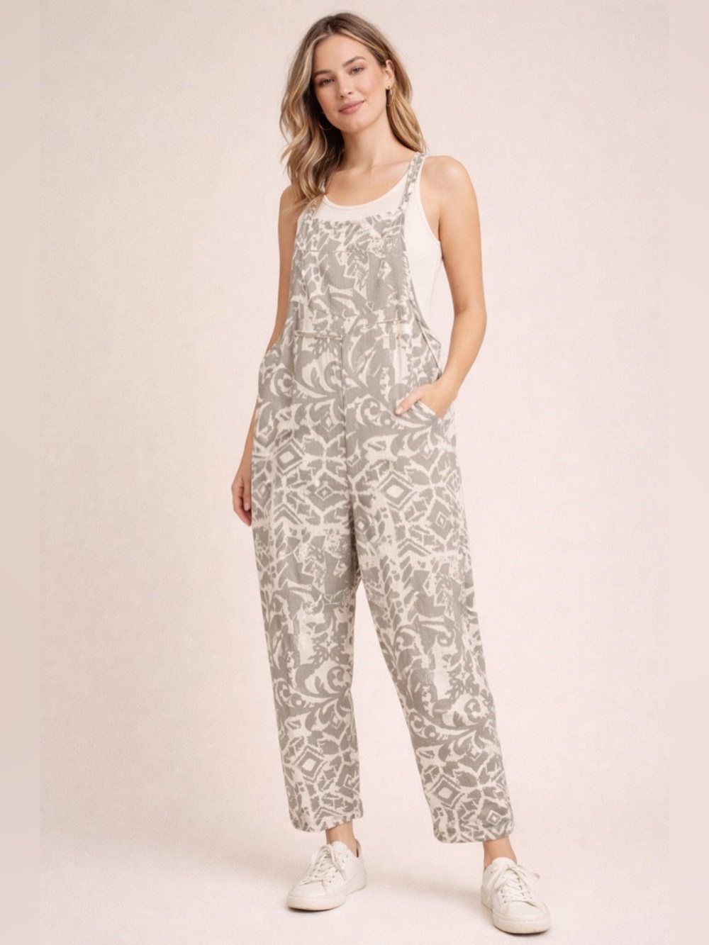 GOLDEN APPLE Lightweight Patterned Olive Green Overalls Jumpsuit with Pockets